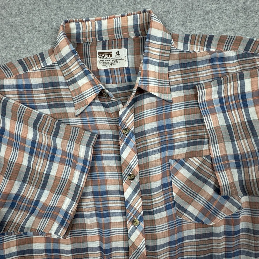 Vintage 80's Montgomery Ward Button‎ Up Shirt Men's XL Plaid Lightweight Hipster